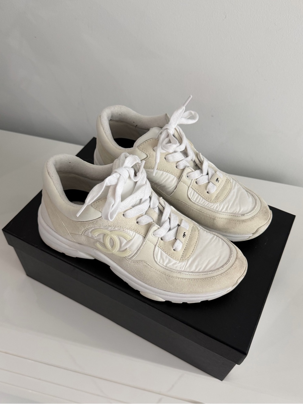 CHANEL Cream & White Suede Lace-Up Sneakers - Picture 2 of 3